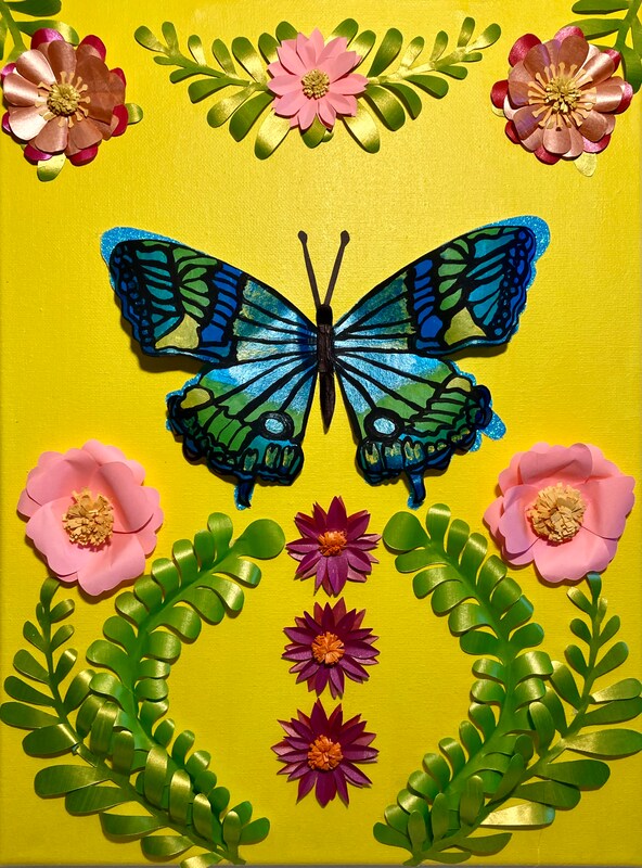 Pink Paper Flowers and Blue Turquoise Butterfly 12x16 Canvas Painting Vivid  Yellow Background Original 3D Symmetry Folk Art